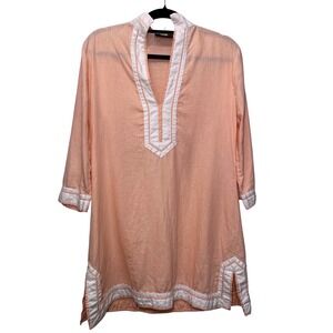 Guru New York Light Pink Peach White 100% Linen Womens 3/4 Sleeve Long Tunic Top